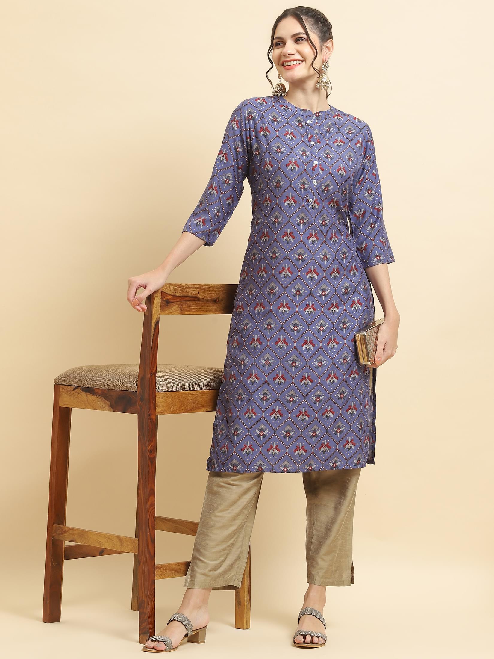 Women Muslin Purple Aztec Print Kurta.