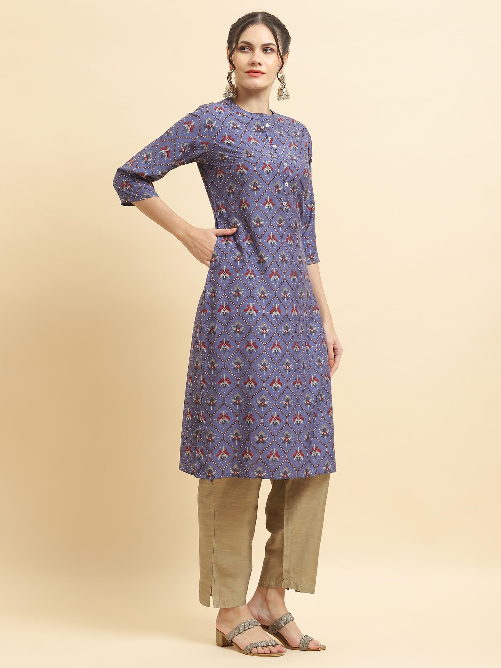 Women Muslin Purple Aztec Print Kurta.