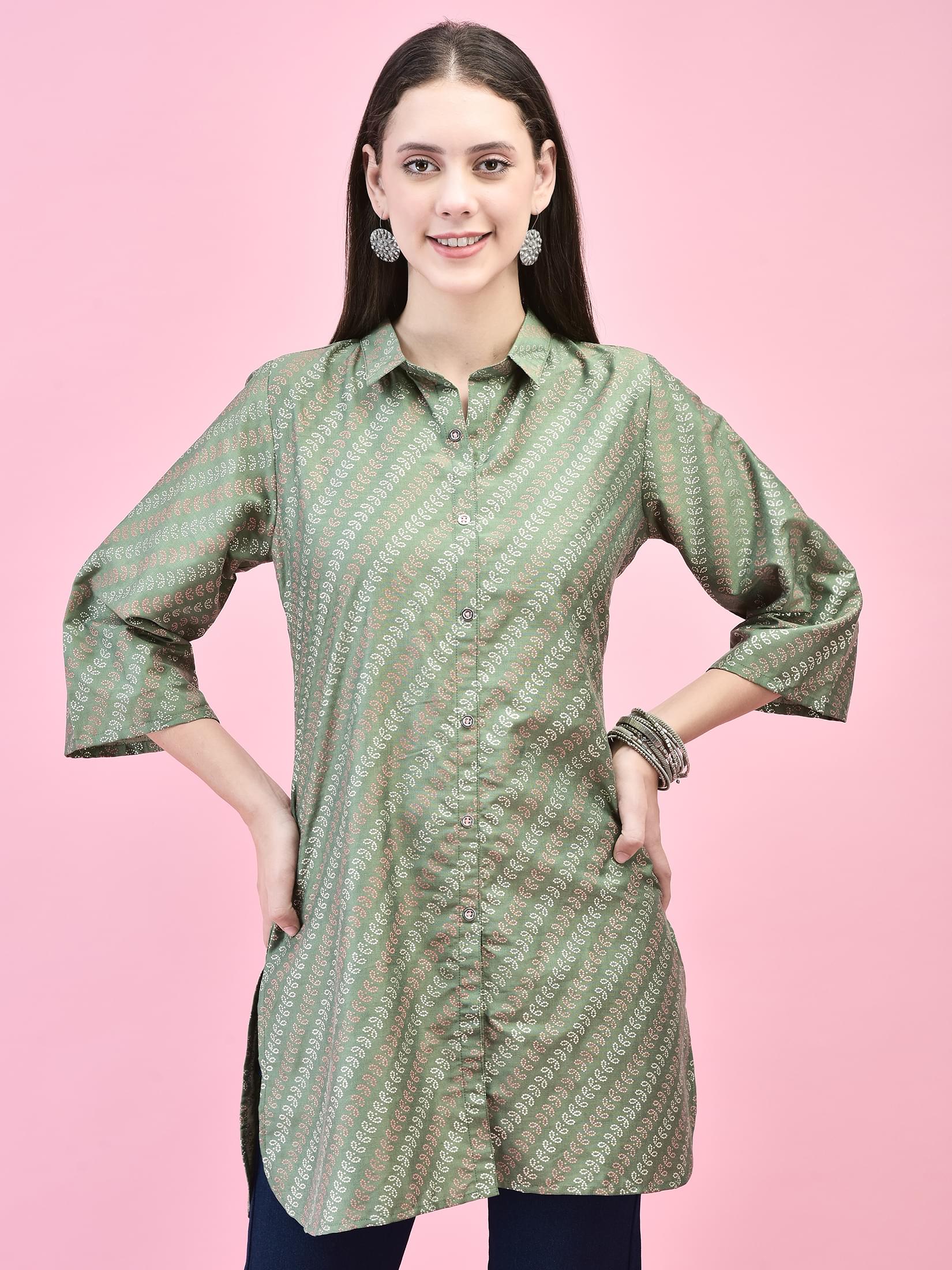 Women Polyester Green Geometric Print Short Kurti.