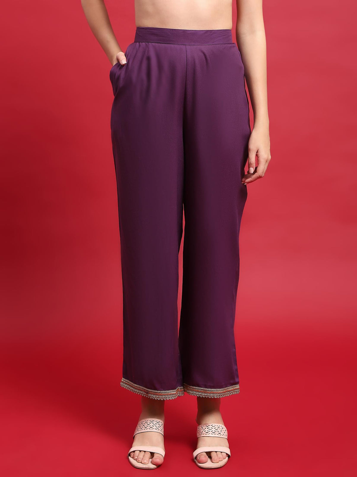 Women Liva (Rayon) Purple Embroidered Kurta Comfort Pant Dupatta.