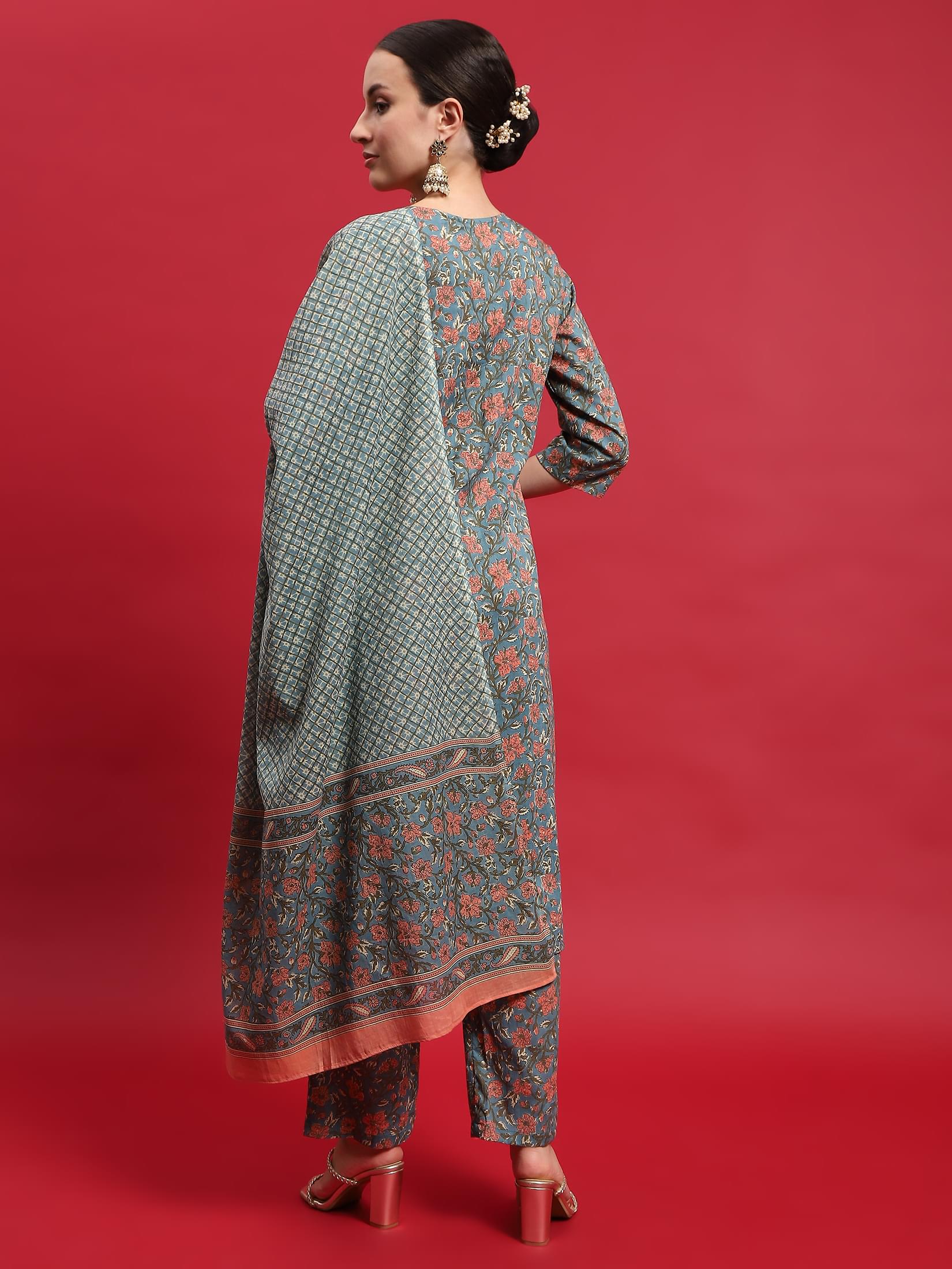 Women Cotton Multicolor Floral Print Kurta Comfort Pant Dupatta.