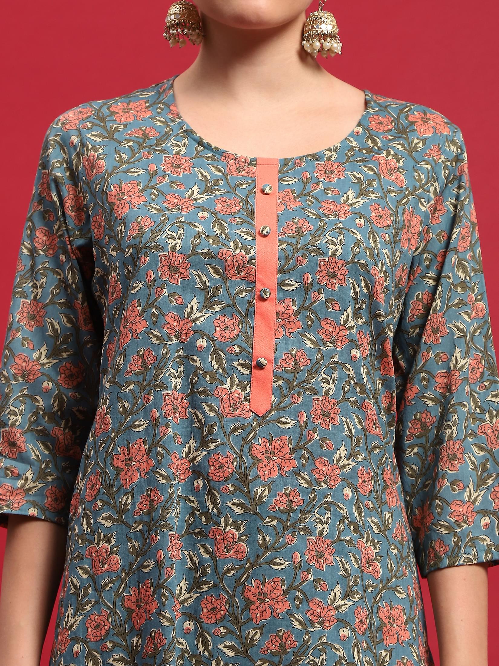 Women Cotton Multicolor Floral Print Kurta Comfort Pant Dupatta.