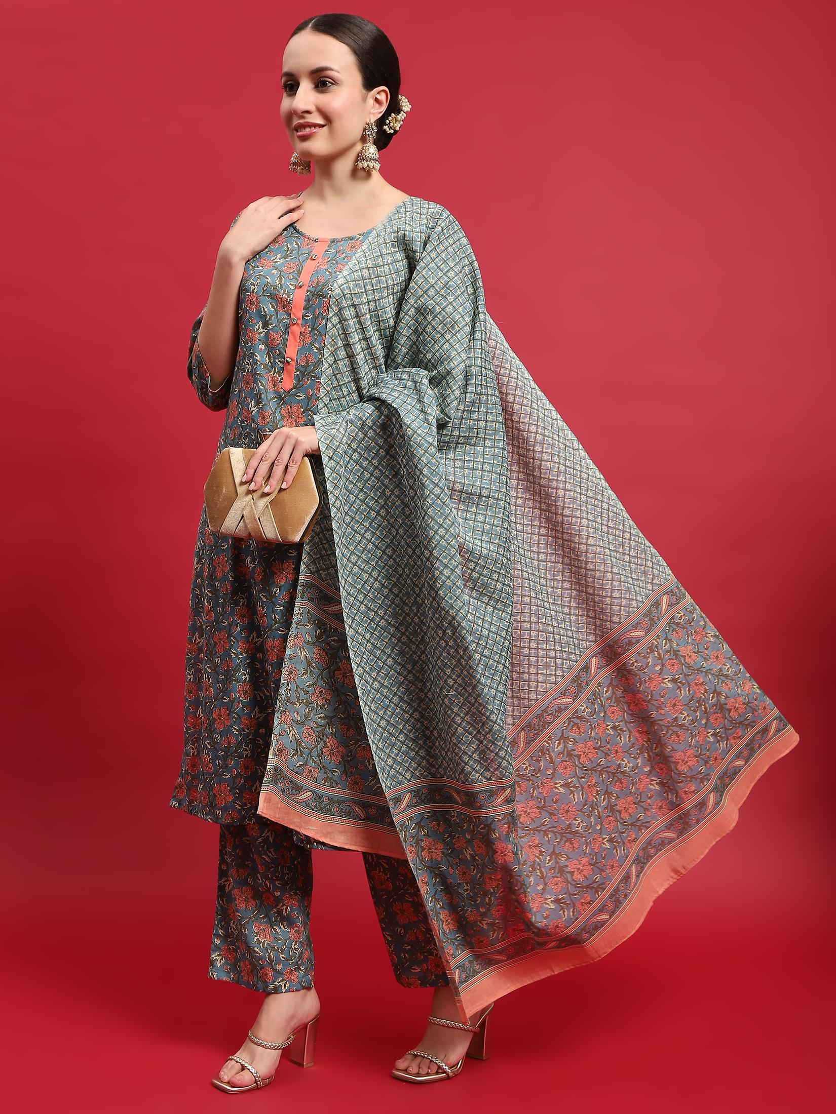 Women Cotton Multicolor Floral Print Kurta Comfort Pant Dupatta.