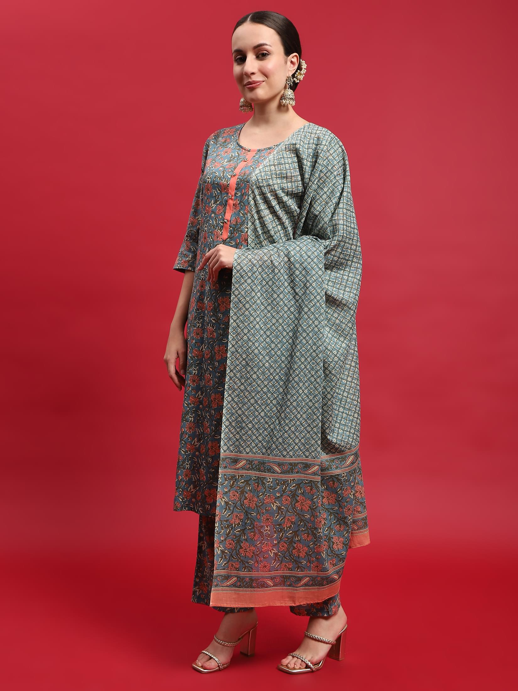 Women Cotton Multicolor Floral Print Kurta Comfort Pant Dupatta.