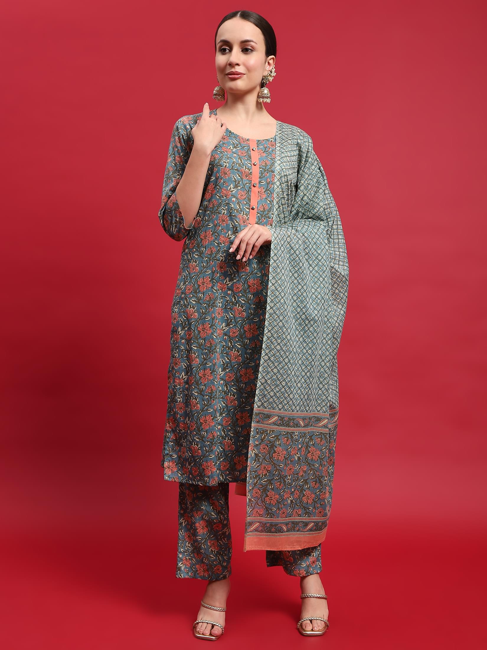 Women Cotton Multicolor Floral Print Kurta Comfort Pant Dupatta.
