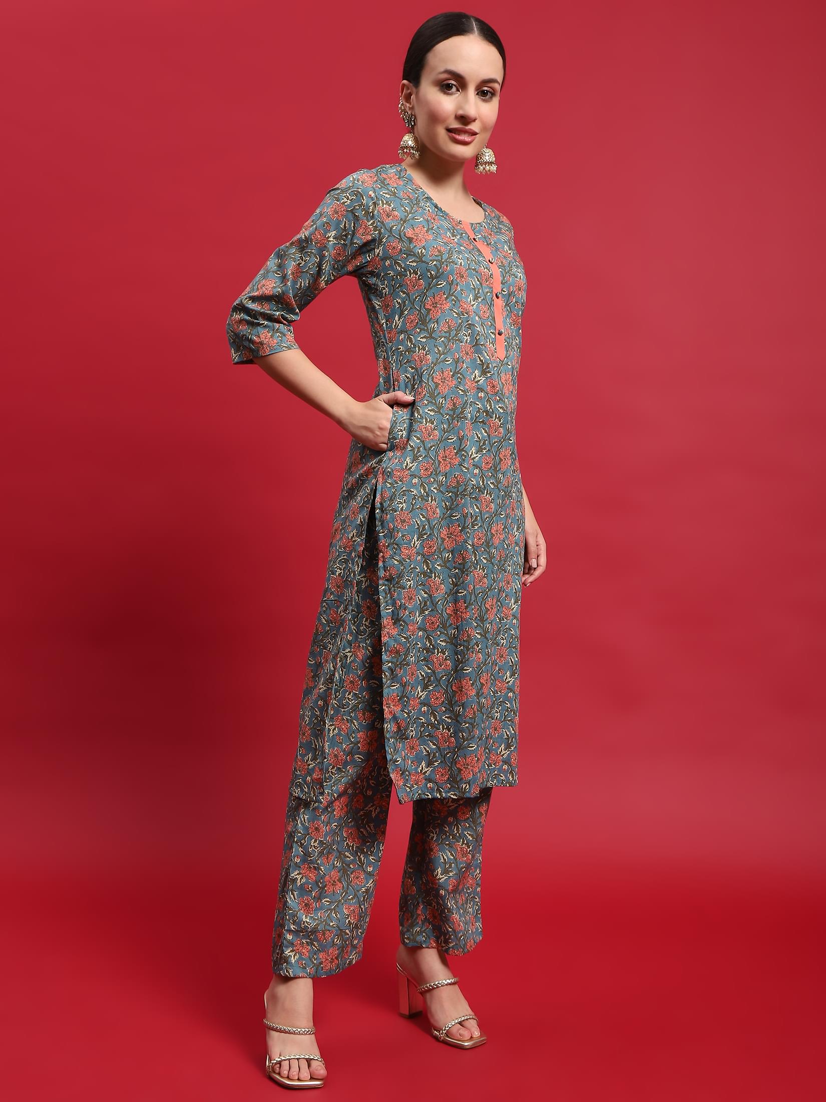Women Cotton Multicolor Floral Print Kurta Comfort Pant Dupatta.