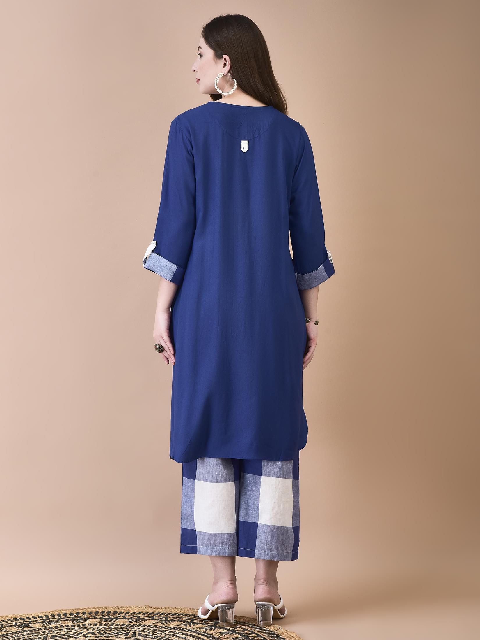 Women Liva (Rayon) Blue Solid Kurta With Cotton Comfort Pant.