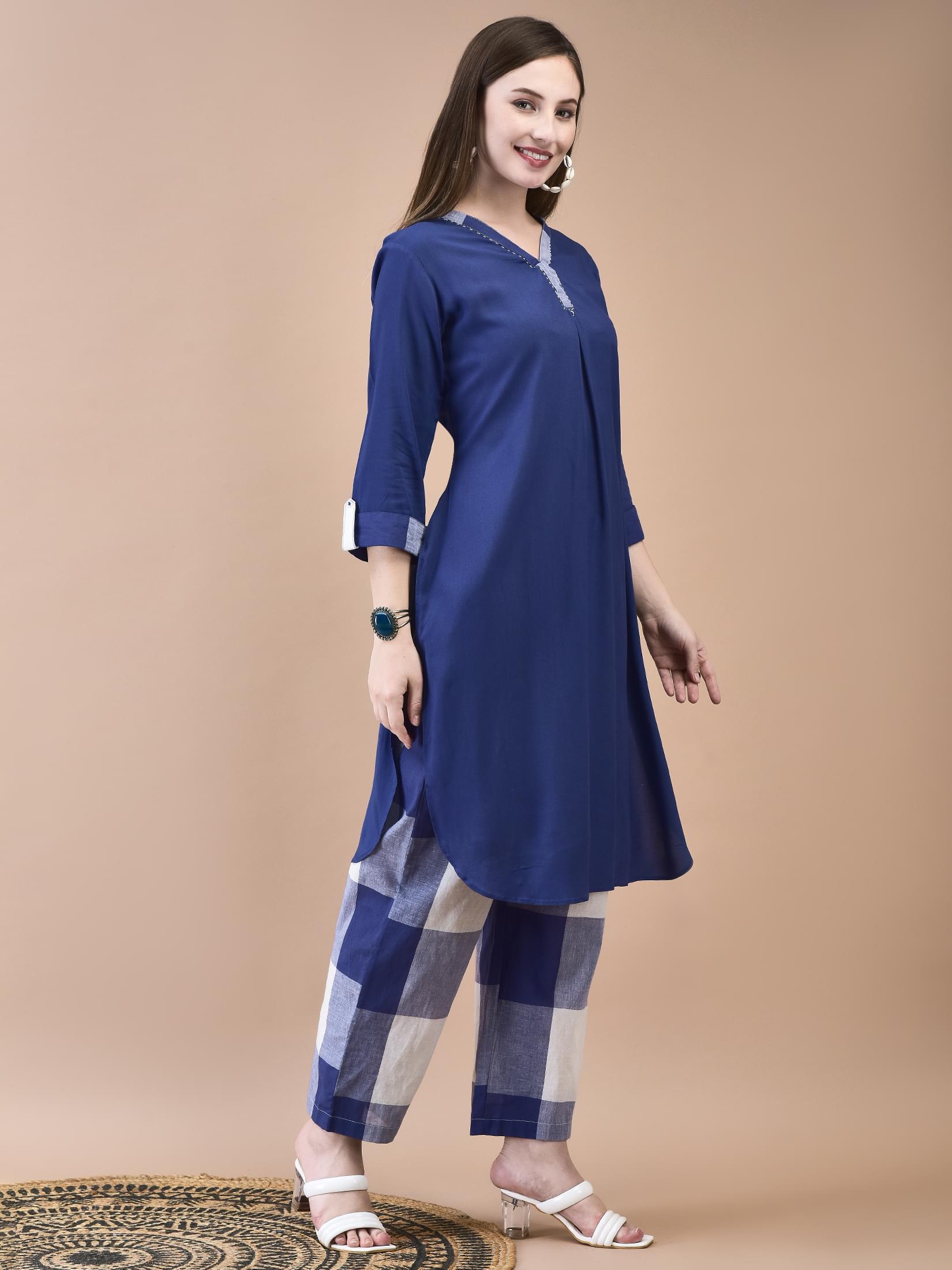 Women Liva (Rayon) Blue Solid Kurta With Cotton Comfort Pant.
