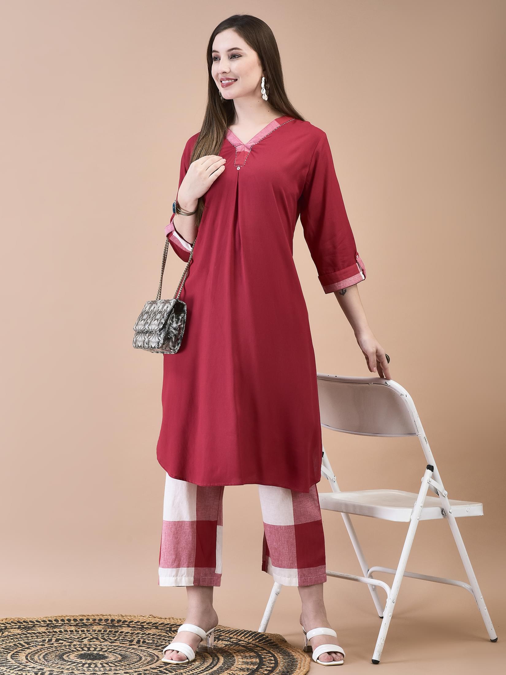 Women Liva (Rayon) Red Solid Kurta With Cotton Comfort Pant.