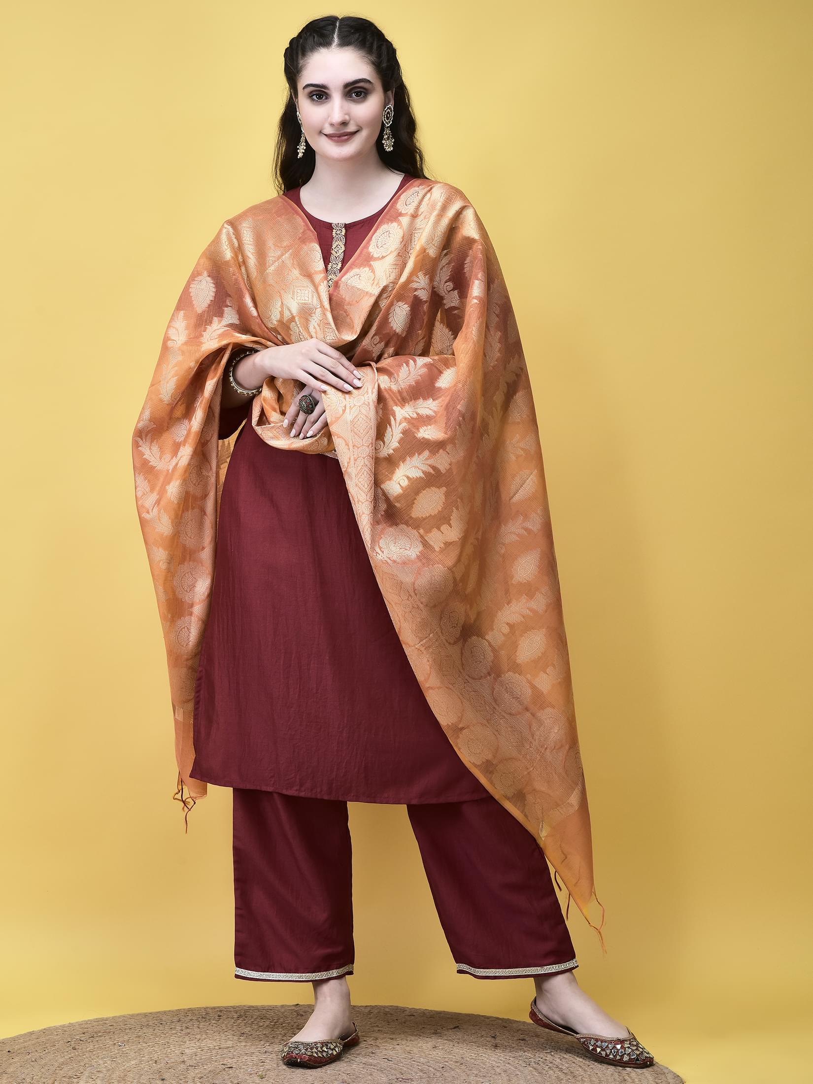 Rich maroon solid tone silk blend straight silhouette kurta with Chanderi dupatta
