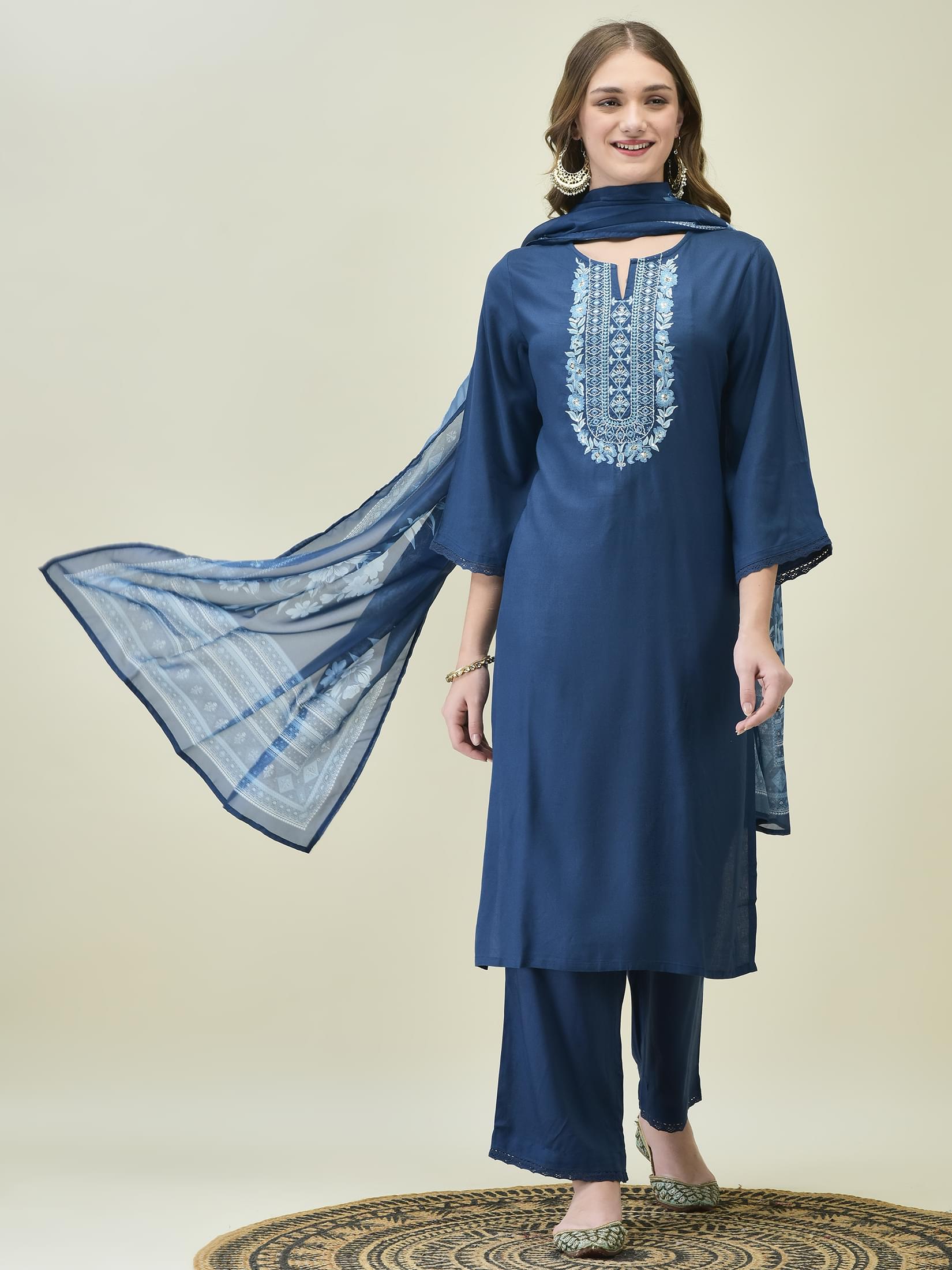 Cornflower blue traditional thread embroidered Liva rayon casual wear trouser suit