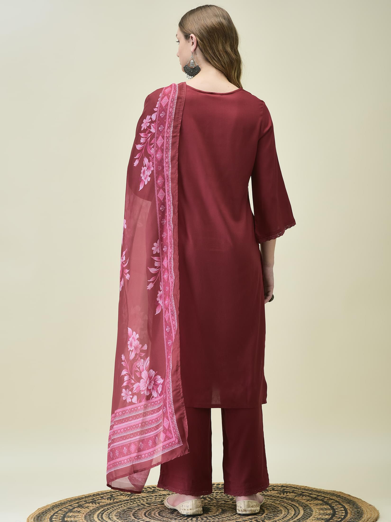 Women Liva Rayon Maroon Embroidered Kurta Comfort Pant Dupatta.