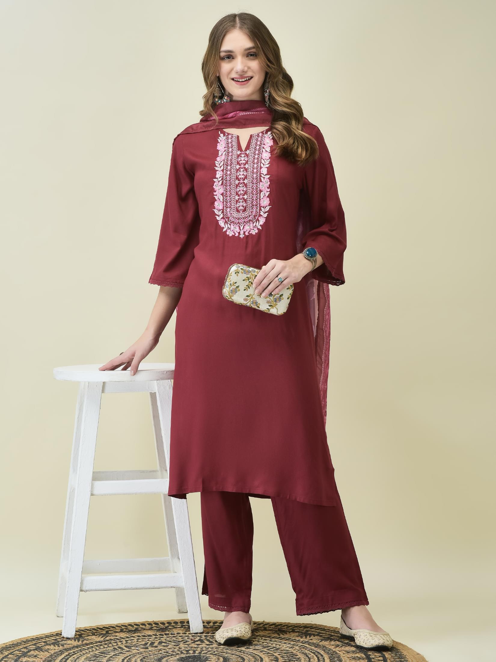 Deep maroon machine embroidered Liva rayon everyday utility straight line suit