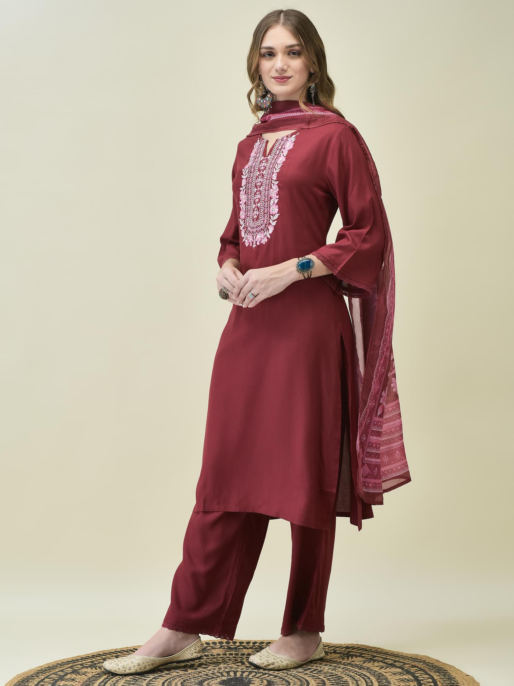 Women Liva Rayon Maroon Embroidered Kurta Comfort Pant Dupatta.