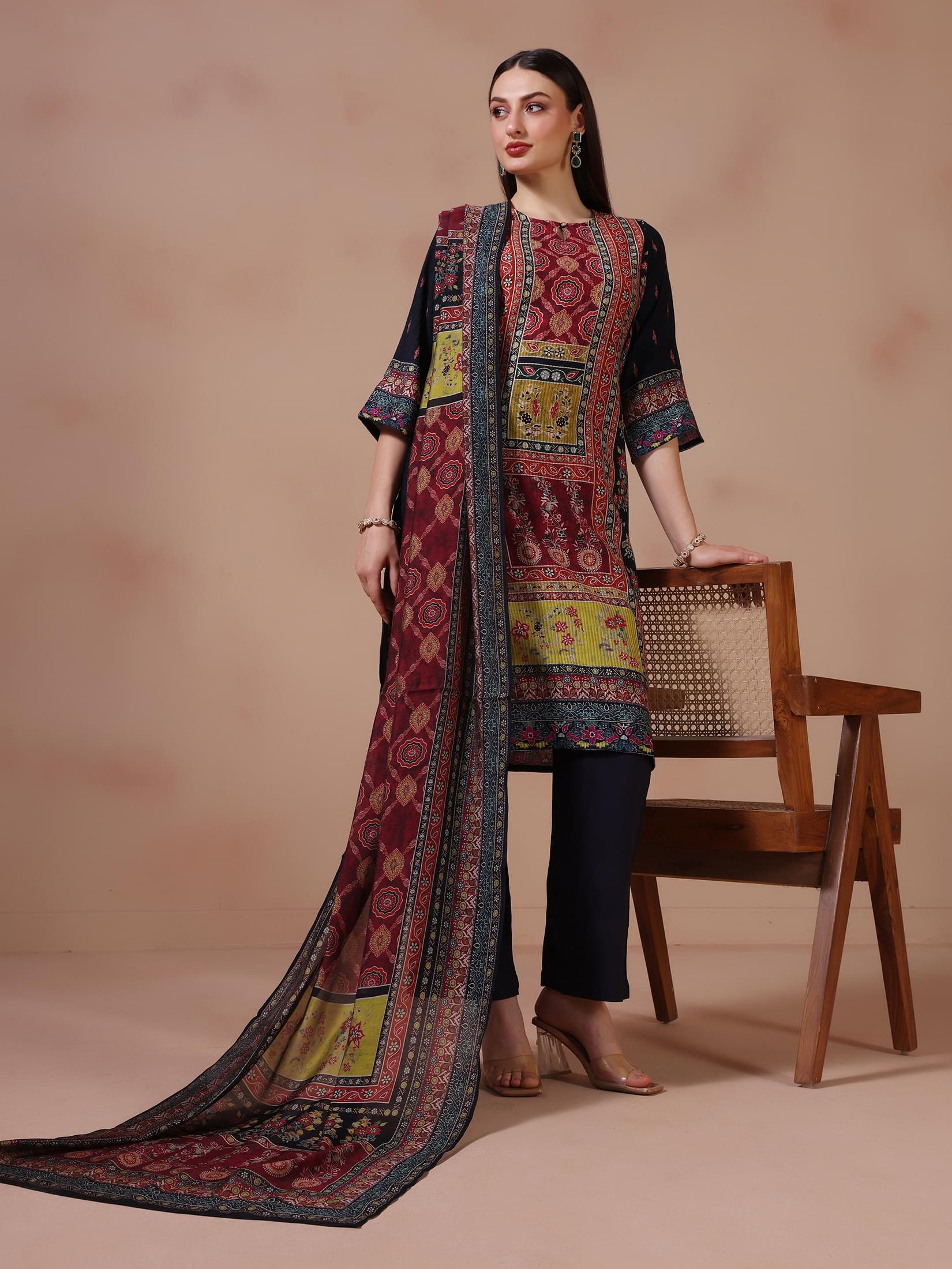 Women Poly Viscose Multicolor Ajrakh Print Kurta Comfort Pant Dupatta.
