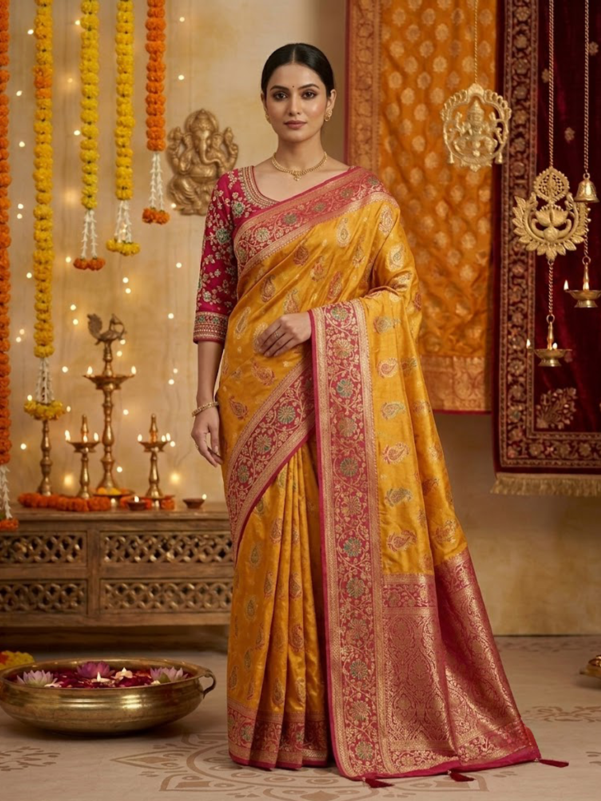 Women Yellow And Red Viscose Saree With Stitch Blouse