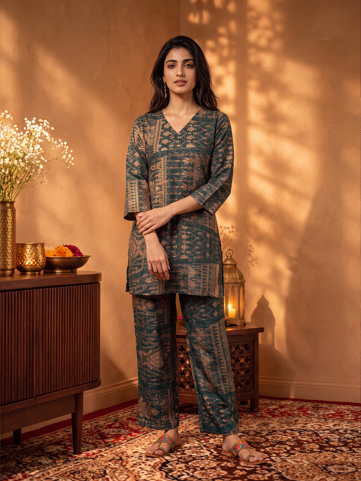 Women Green Multi Rayon Block Print Co-Ord Set