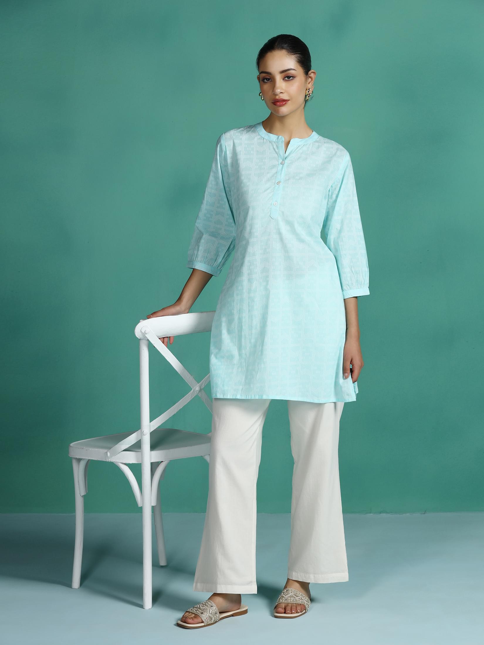Aqua blue stripe print breathable cotton tunic shirt byshree