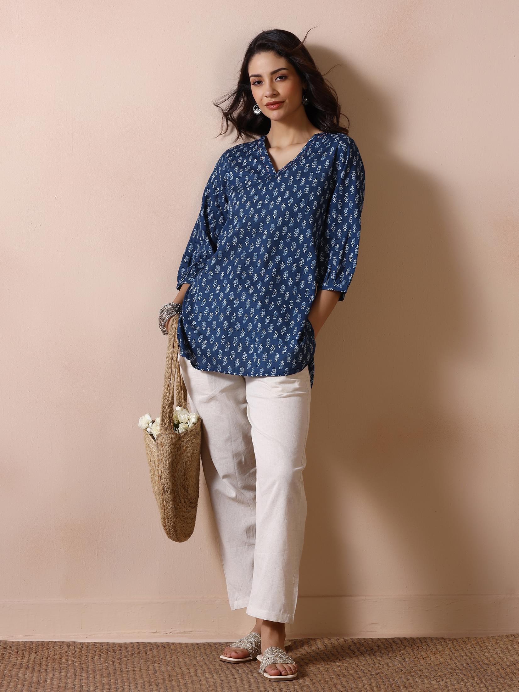 Women Cotton Indigo Printed Tunic.