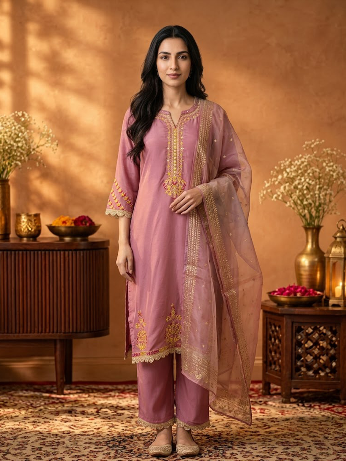 Women Onion Pink Poly Viscose Slub Solid Kurta Comfort Pant Dupatta