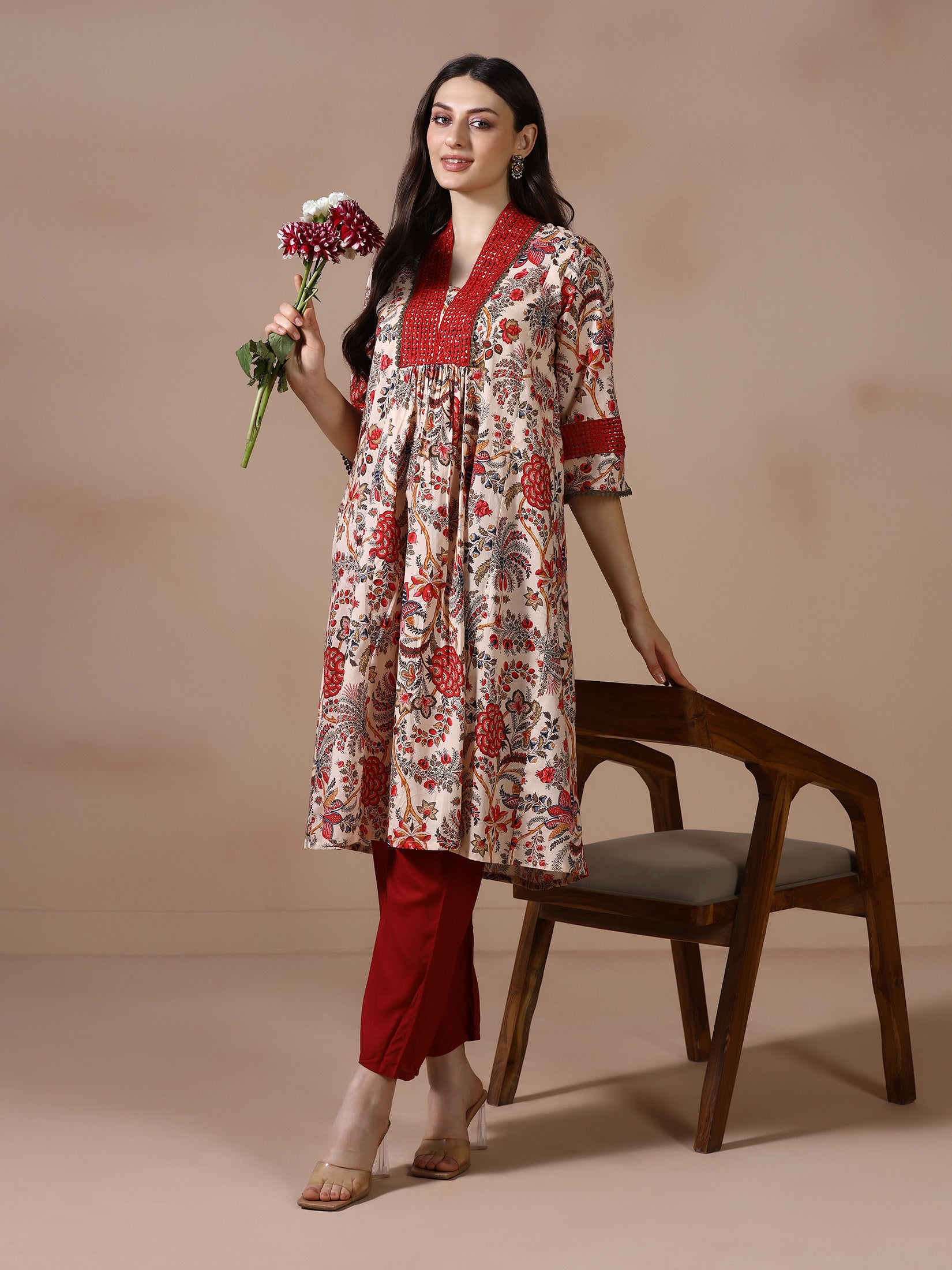 Vintage beige floral print pure cotton straight long line kurta