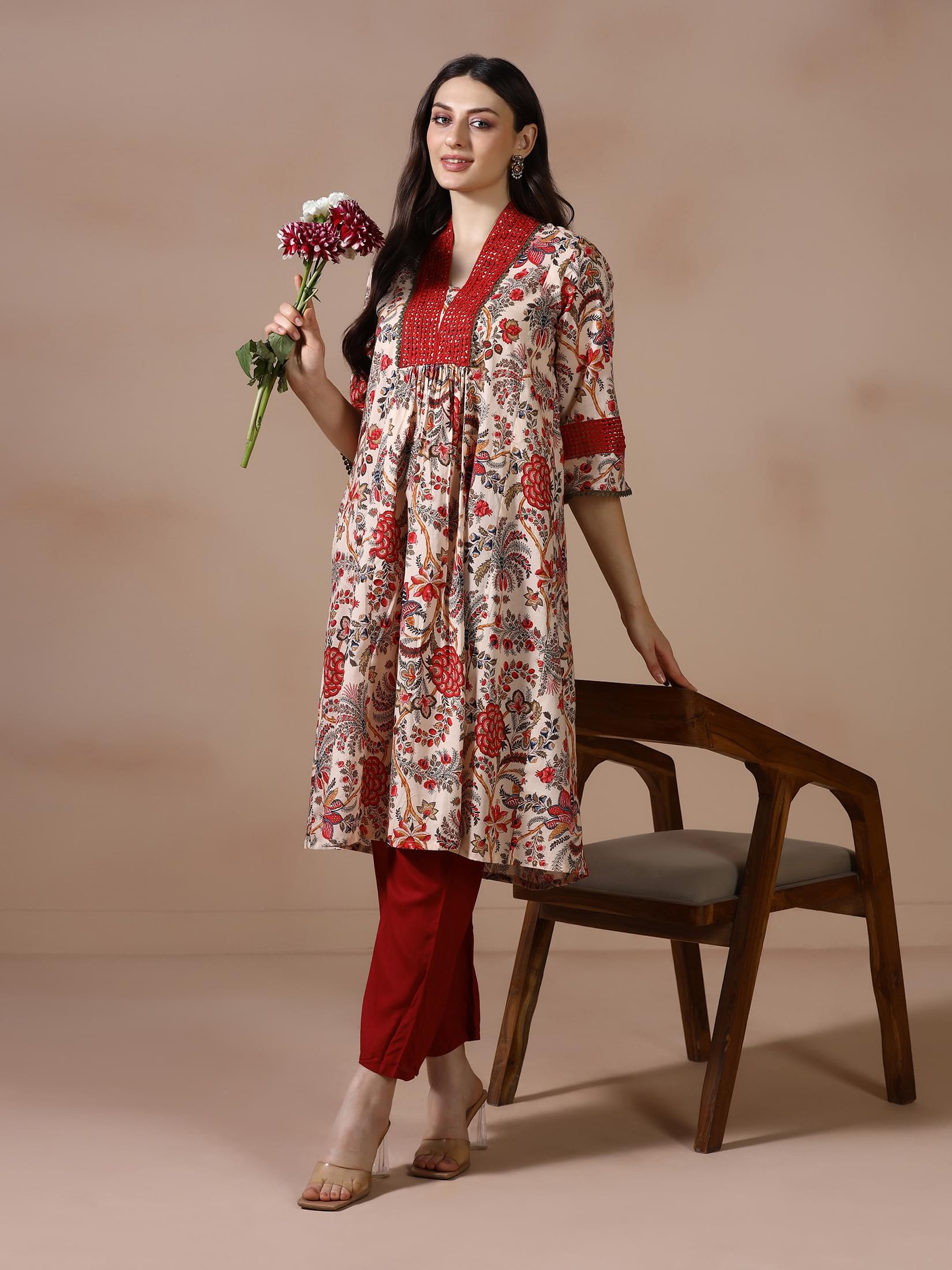 Vintage beige floral print pure cotton straight long line kurta