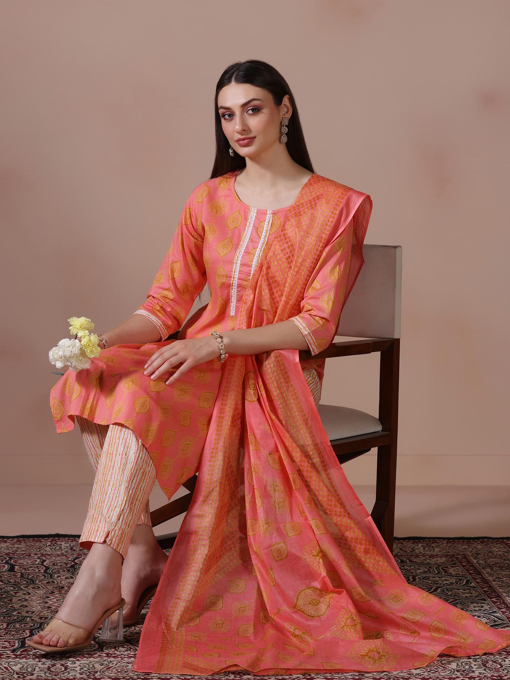 Women Cotton Pink Printed Kurta Trouser Dupatta.