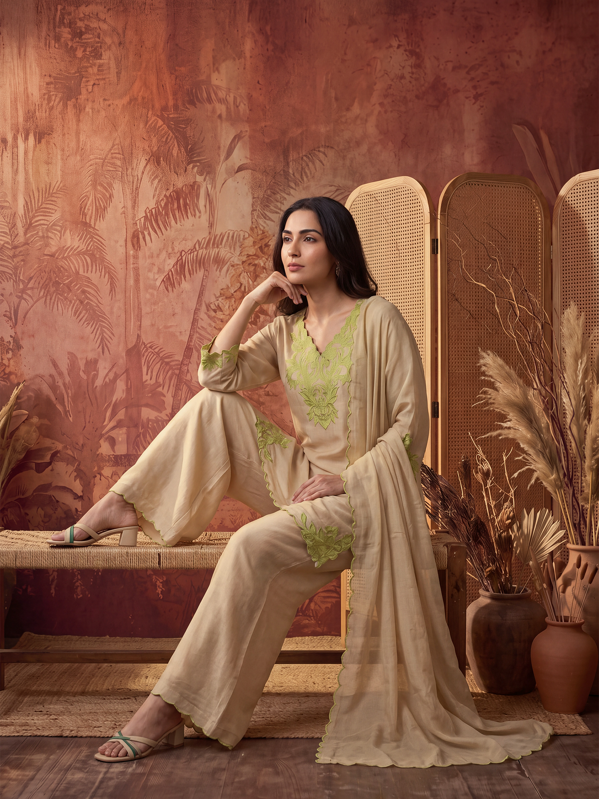 Women Beige Mull Chanderi Embroidered Kurta Wide Leg Pant Dupatta