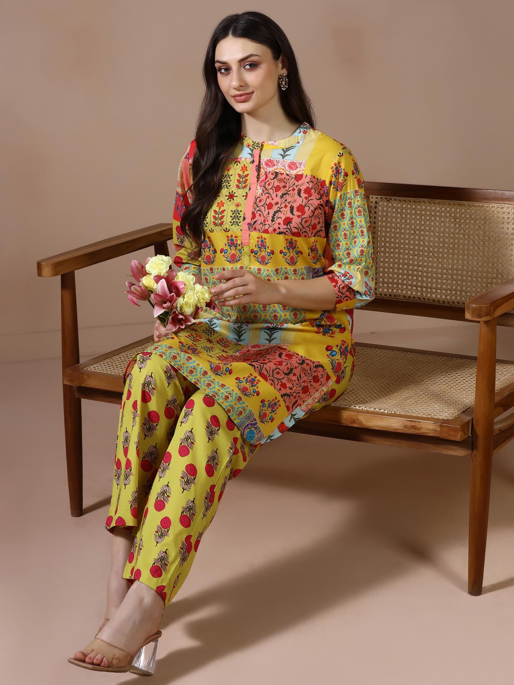 Mustard yellow ethnic print cotton tunic style kurta comfort pant set