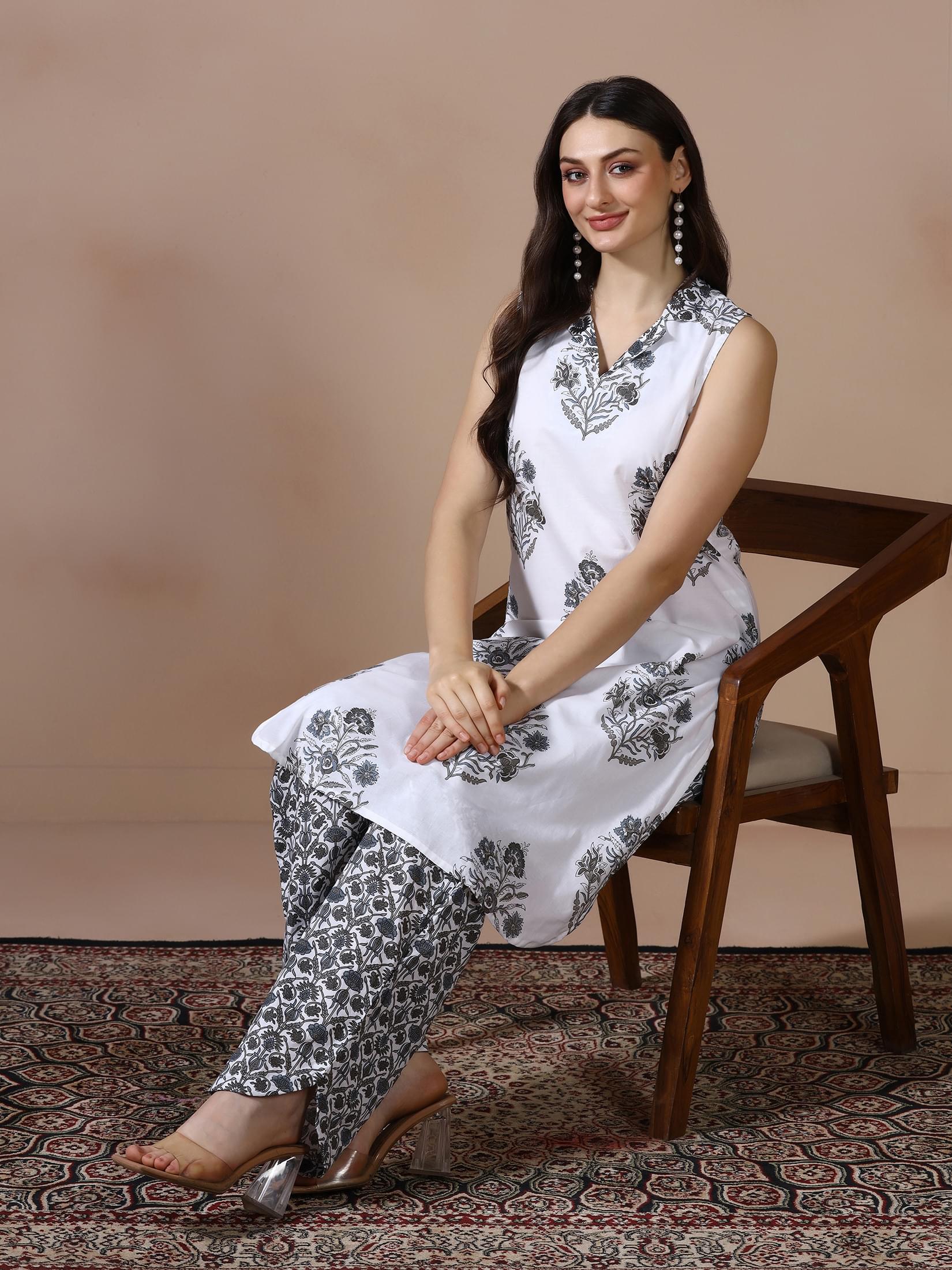 Classic white printed pure cotton everyday kurta with regular trousers