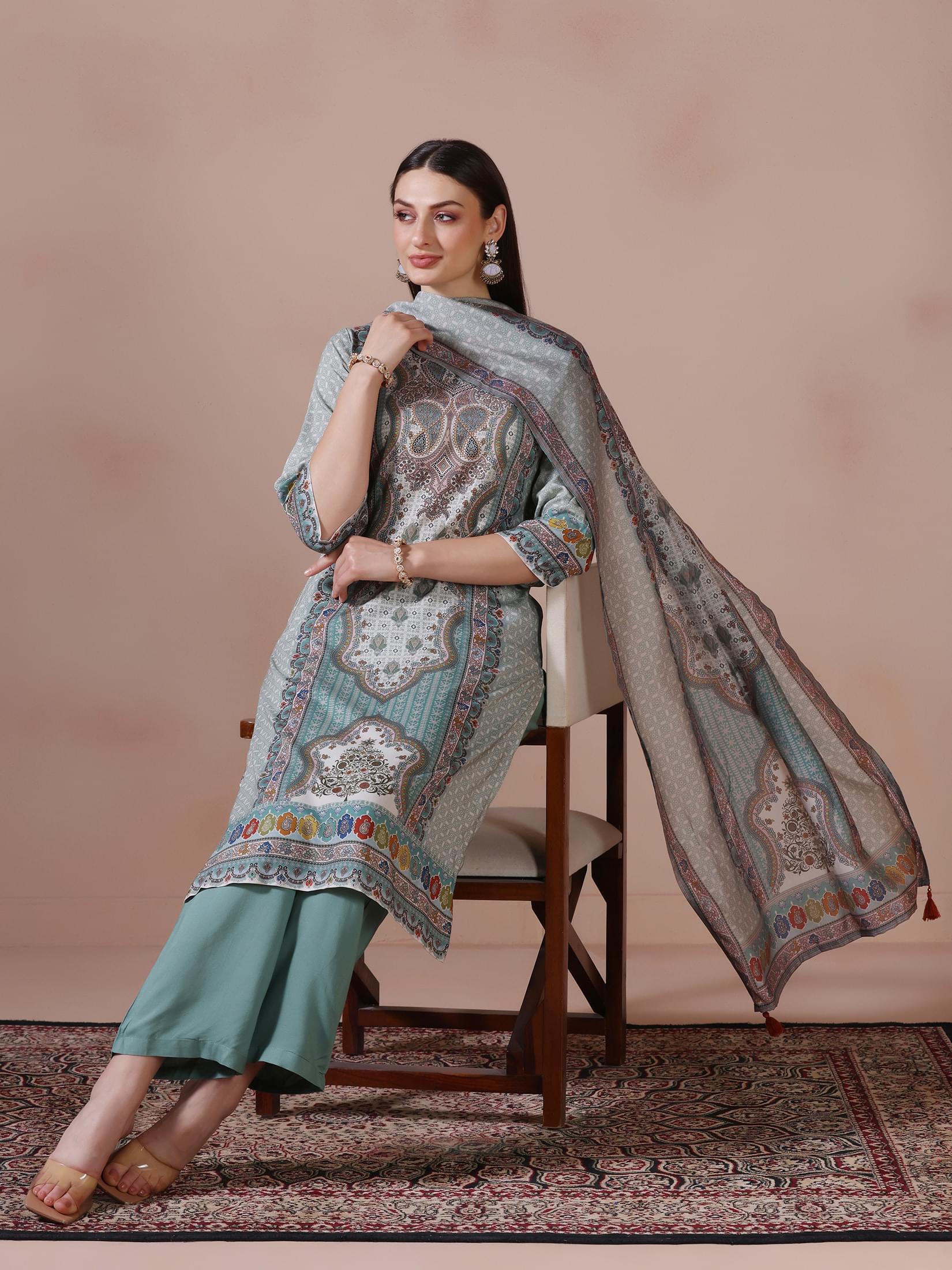 Aqua green multi colored print Liva fabric matching salwar suit set
