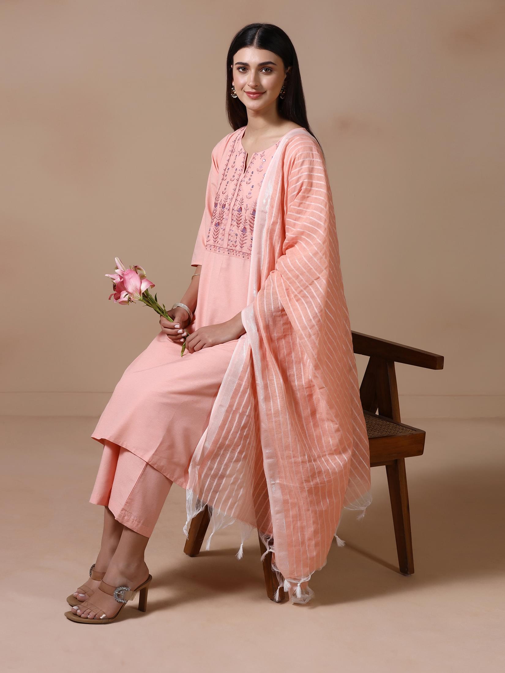 Soft peach embroidered poly cotton luxury ethnic wear dupatta suit set