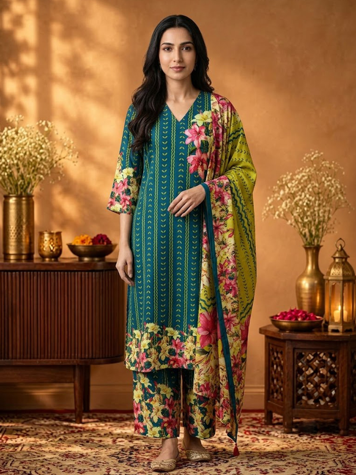 Women Teal Green Rayon Floral Kurta Comfort Pant Dupatta