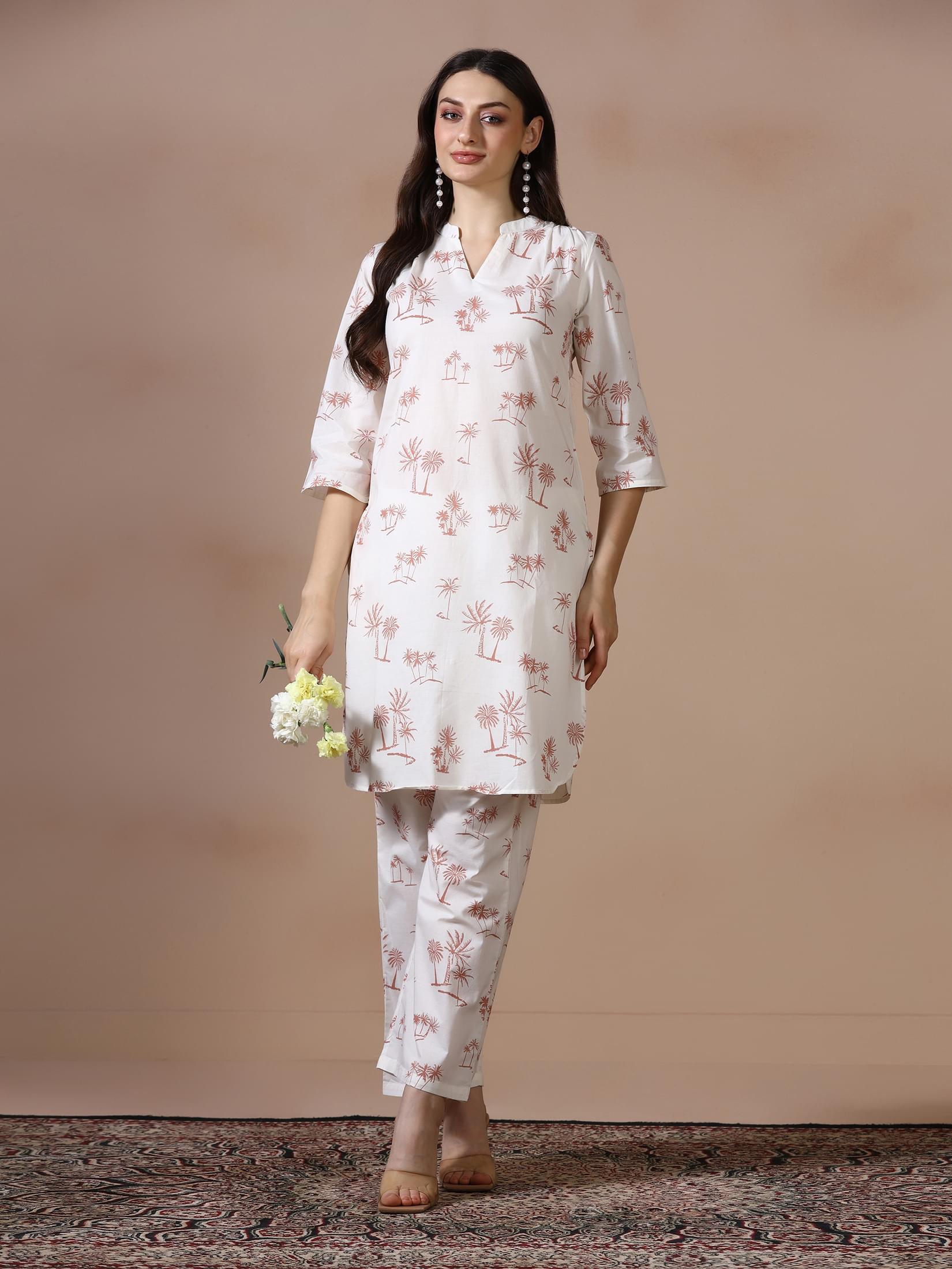 Off white printed breathable cotton kurta with everyday comfort pants