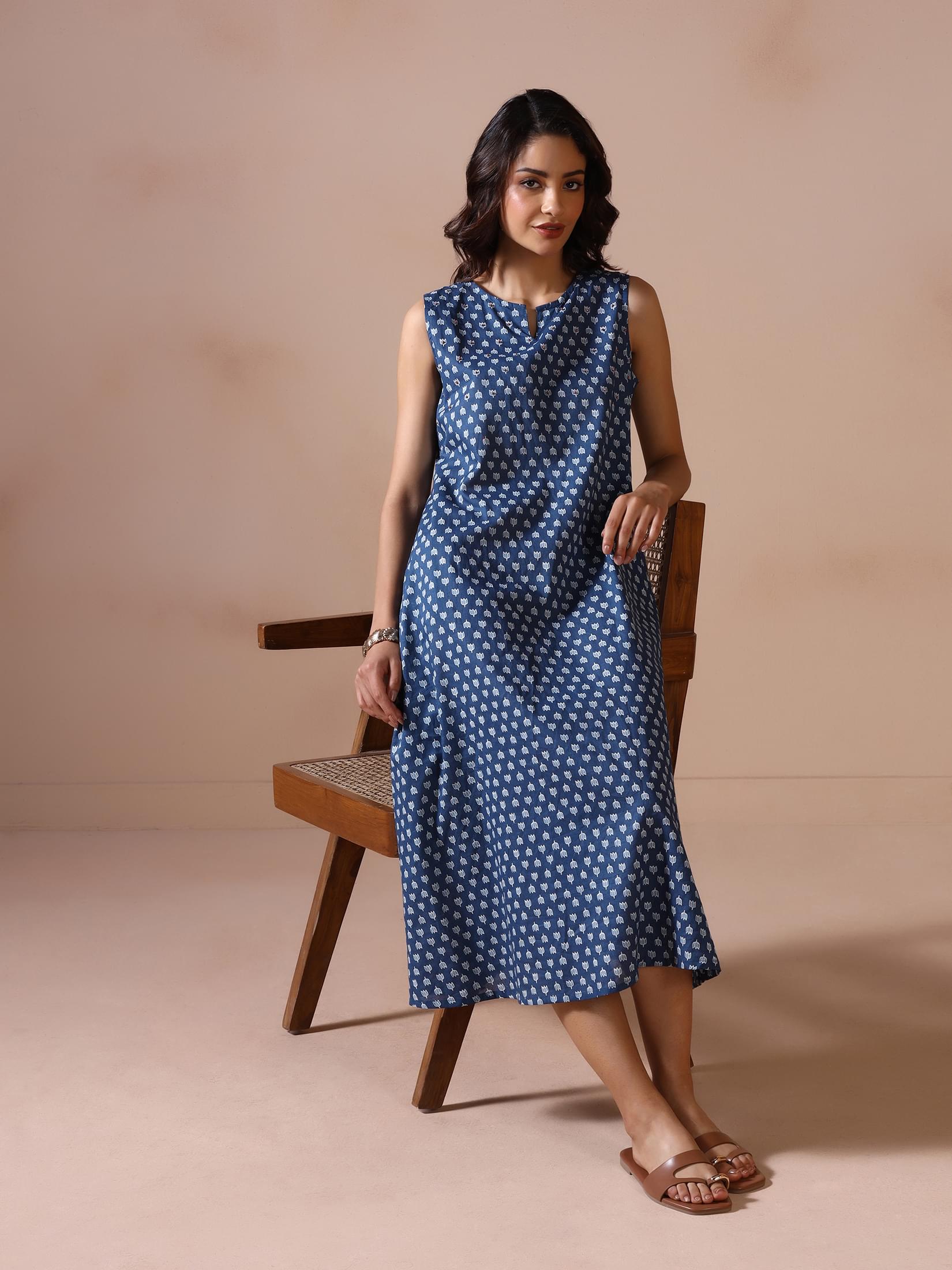 Authentic indigo printed cotton traditional flared dress byshree