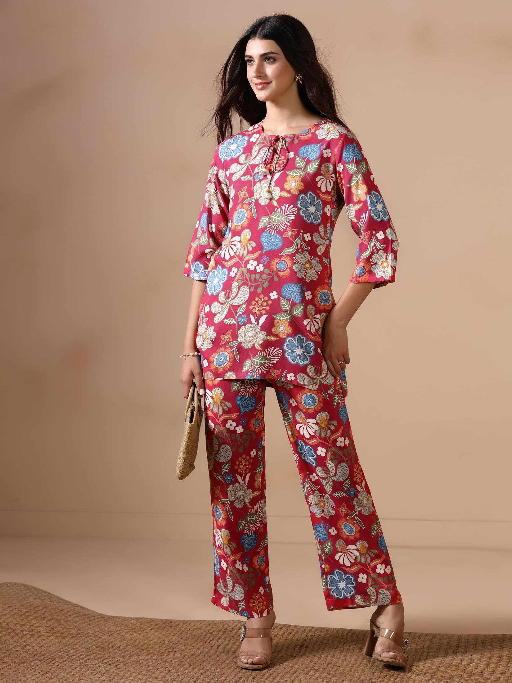 Dusty pink floral print Liva fabric summer co-ord set for women byshree