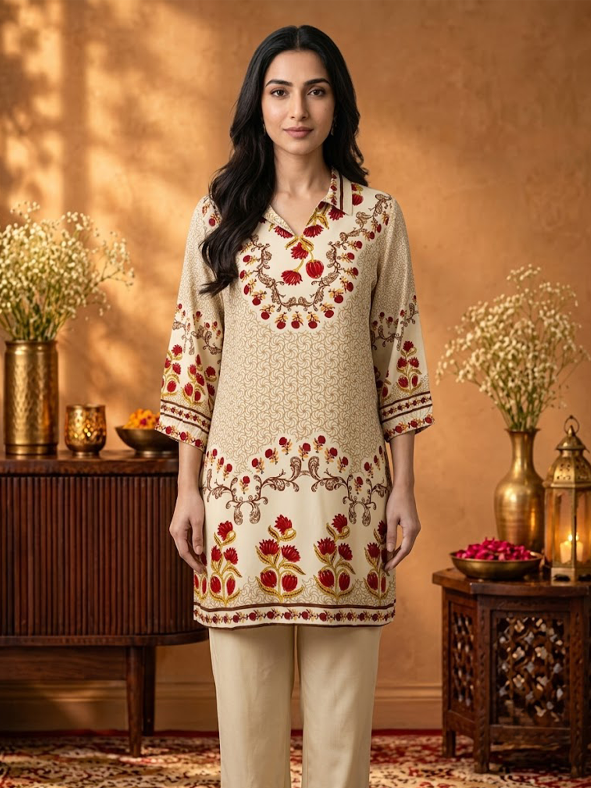 Women Off White Rayon Floral Tunic