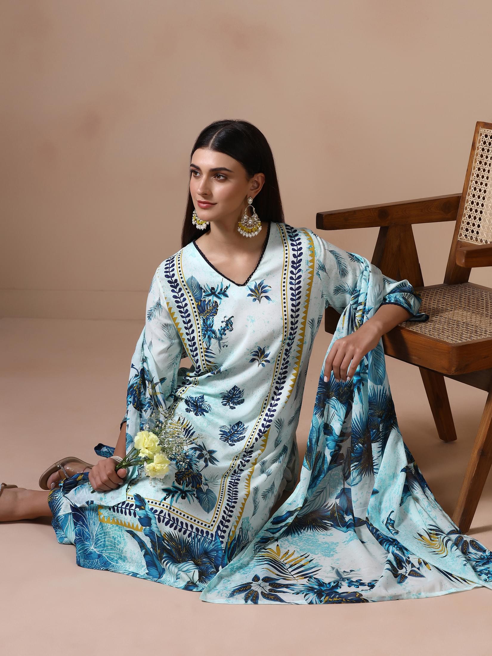 Women Liva Blue Printed Kurta Comfort Pant Dupatta.