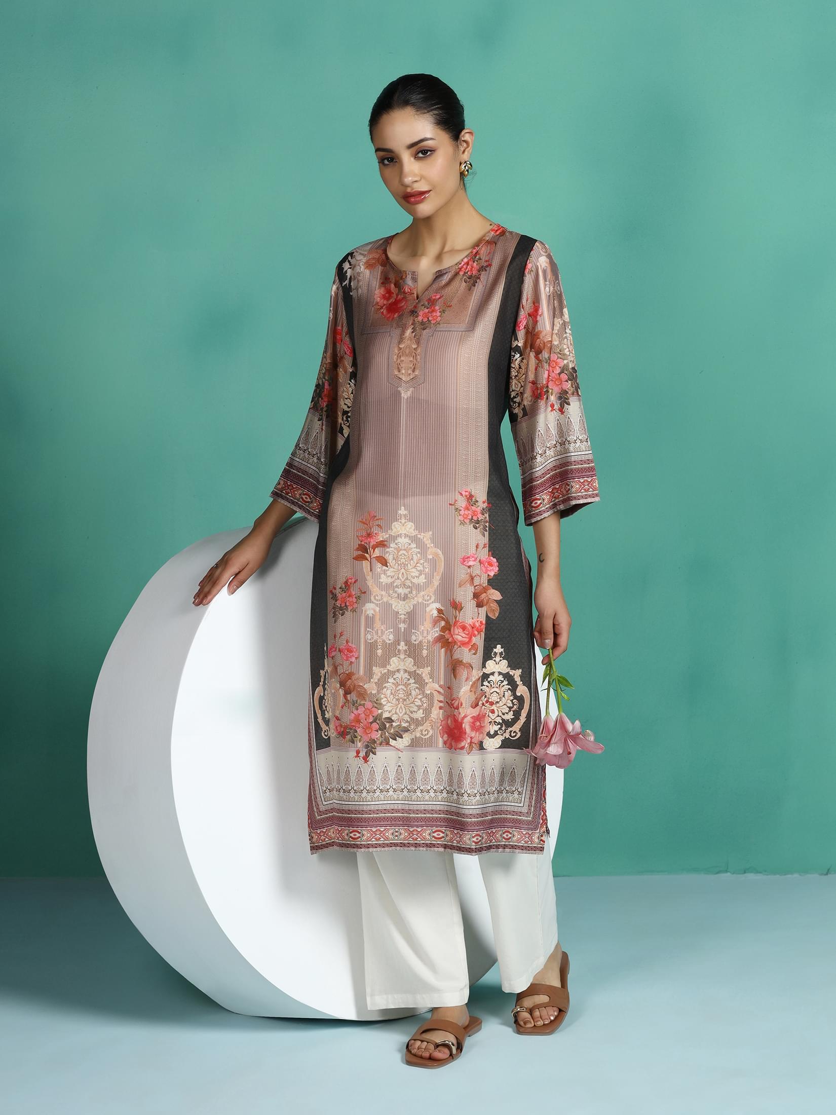 Multicolor vibrant printed Chanderi silk blend ethnic kurta
