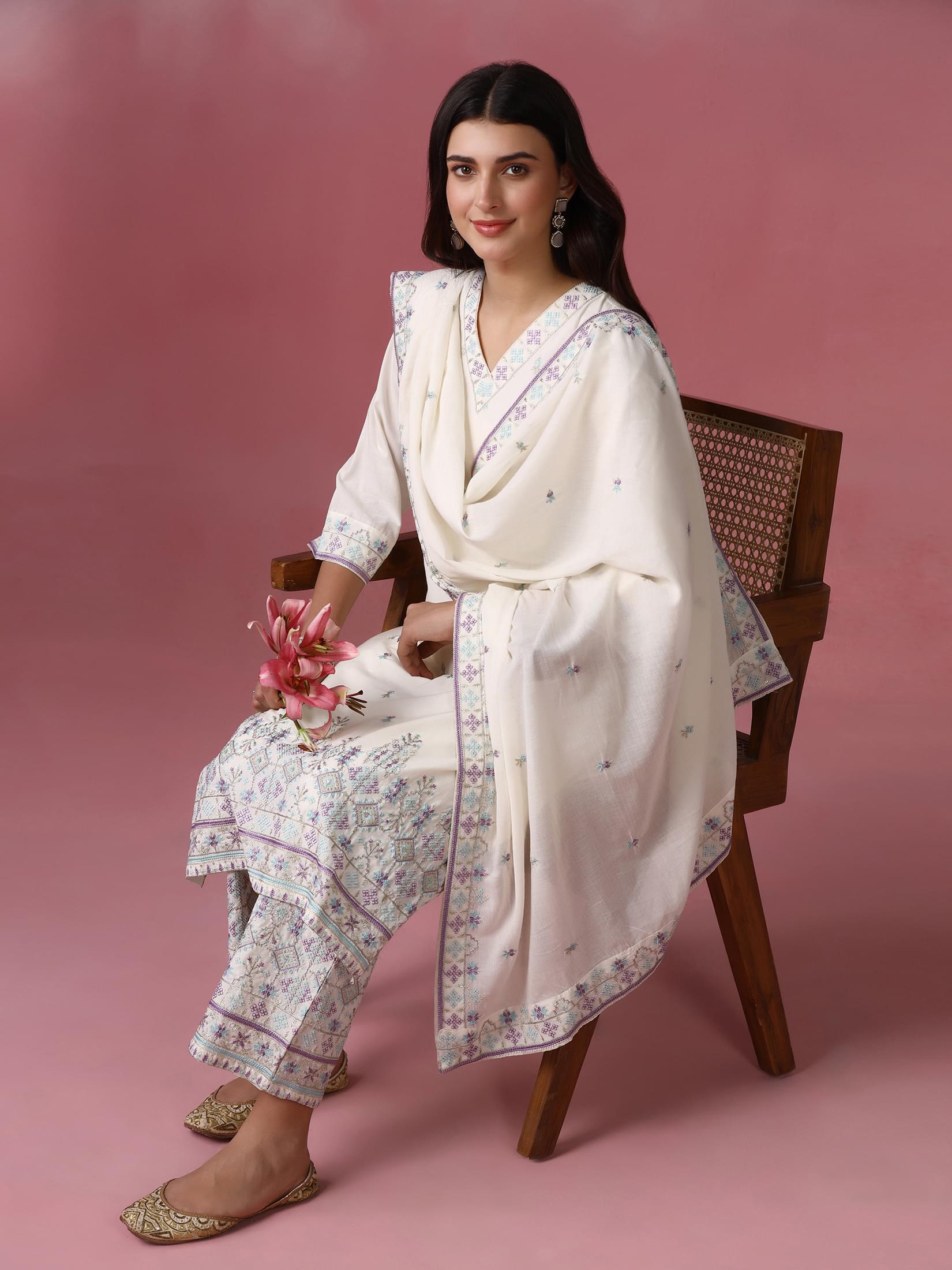 Graceful off white embroidered cotton straight fit casual dupatta suit set