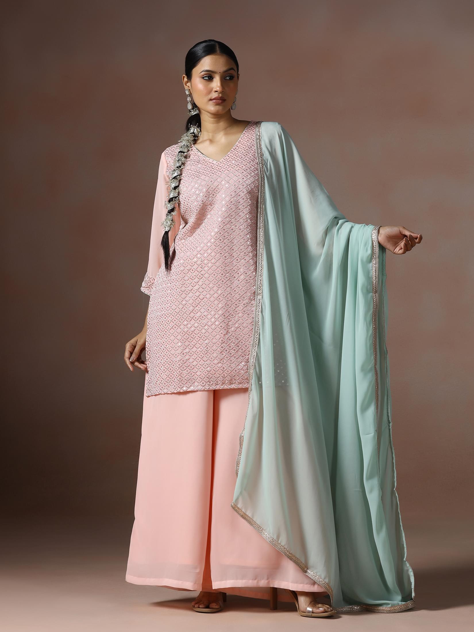 Fuchsia pink embroidered premium georgette kurta with stylish split pants