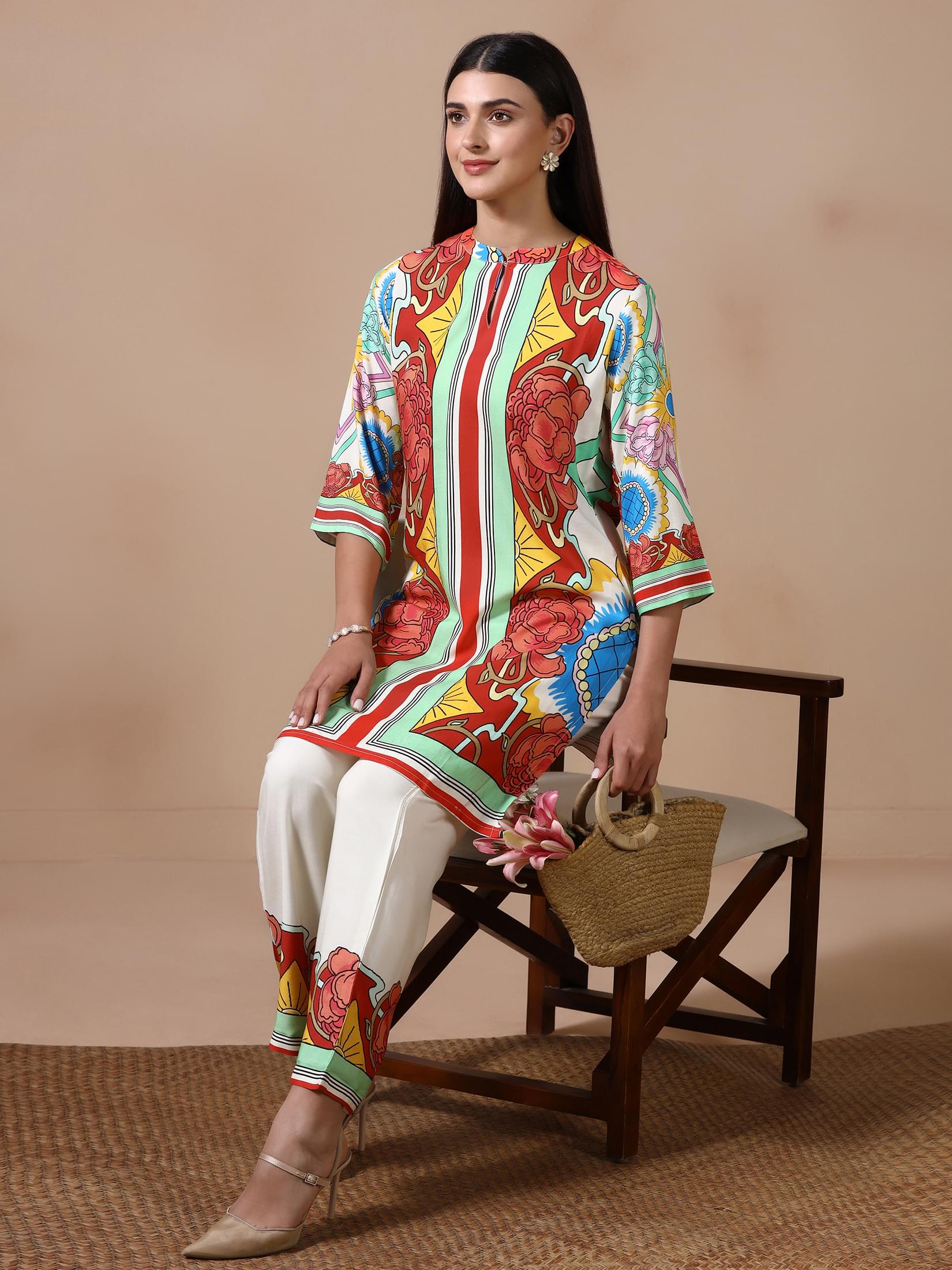 Women Multicolor Liva Printed Kurta With Comfort Pant.