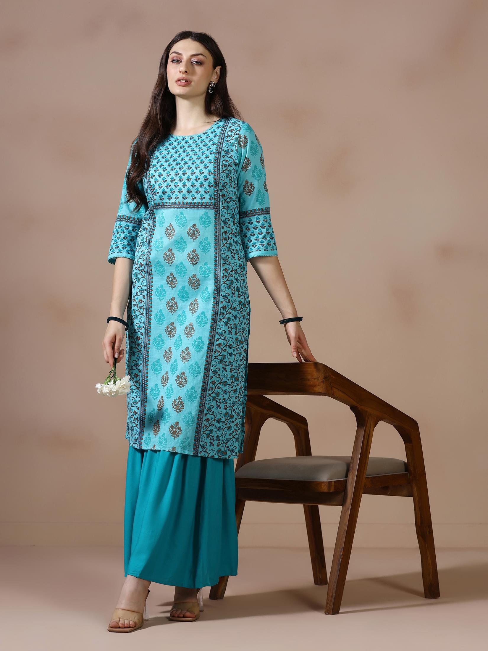Teal green abstract printed cotton slub comfort fit kurta