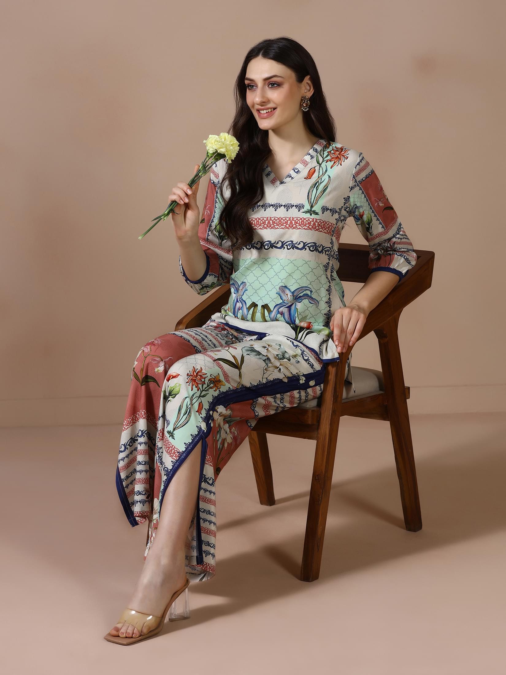 Beige printed Liva fabric smart casual two piece co-ord set