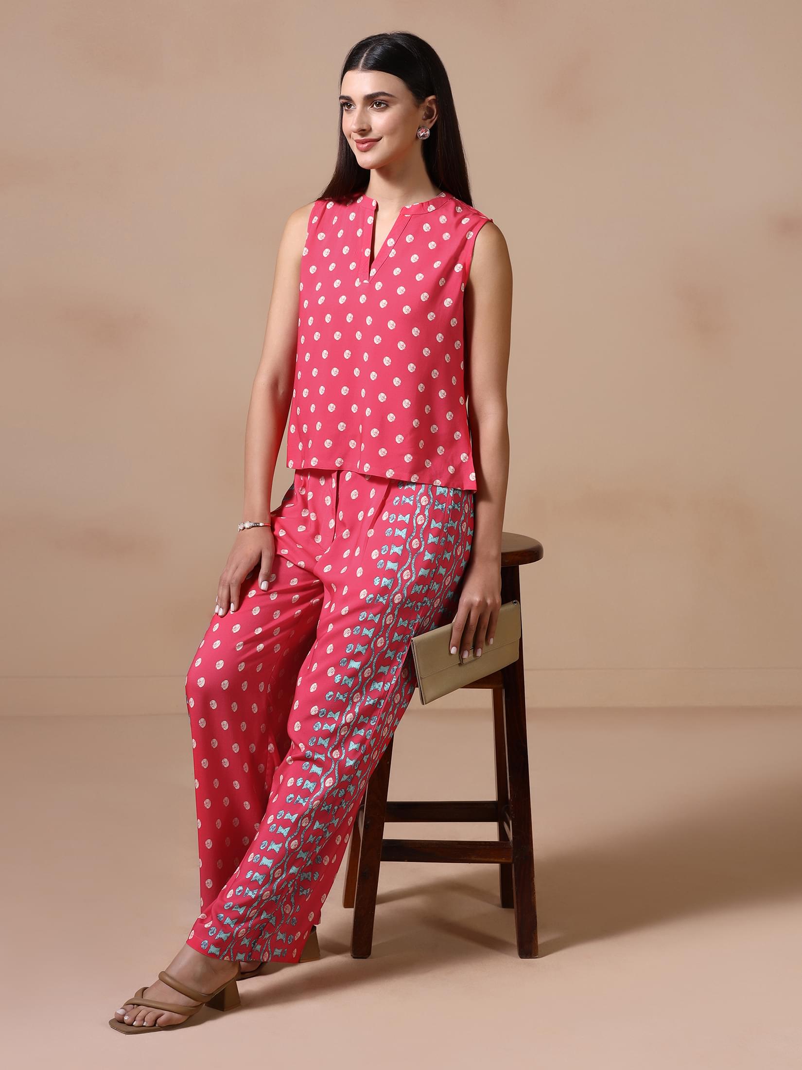 Candy pink printed Liva trendy fusion wear co-ord set