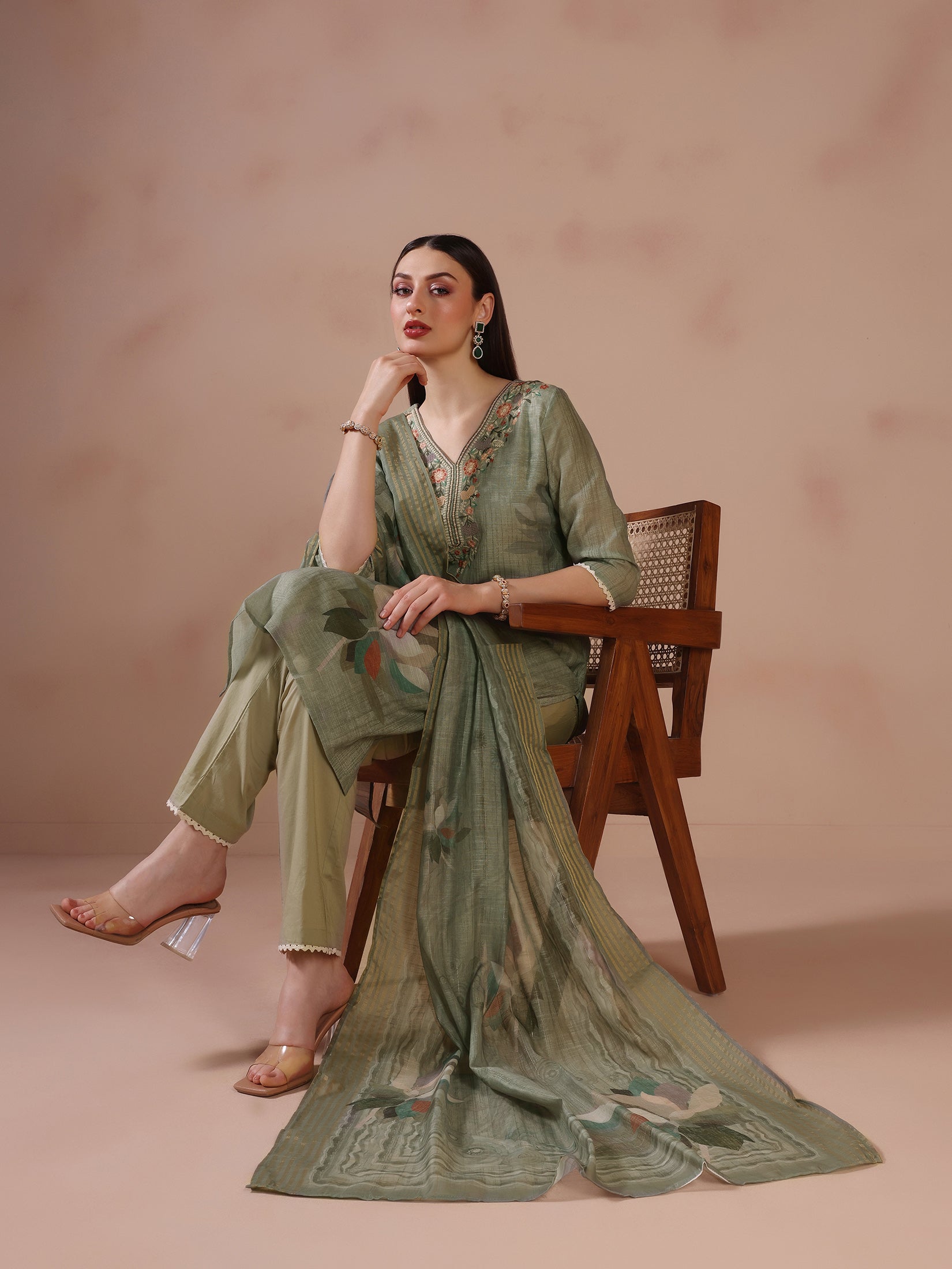 Women Linen Olive Embroidered Kurta Trouser Dupatta