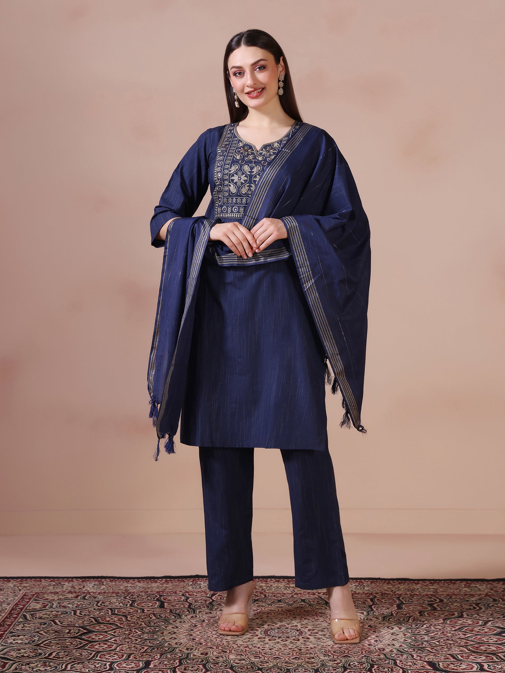 Women Poly Cotton Navy Blue Embroidered Kurta Comfort Pant Dupatta.