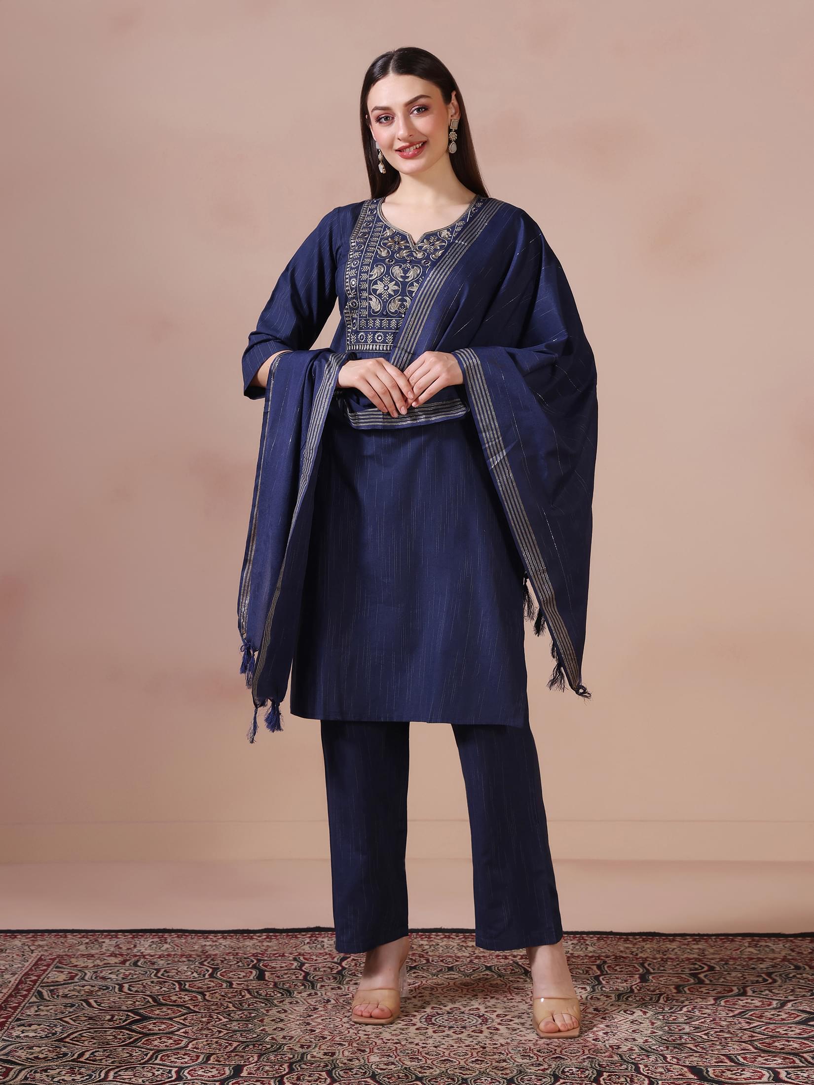Women Poly Cotton Navy Blue Embroidered Kurta Comfort Pant Dupatta.