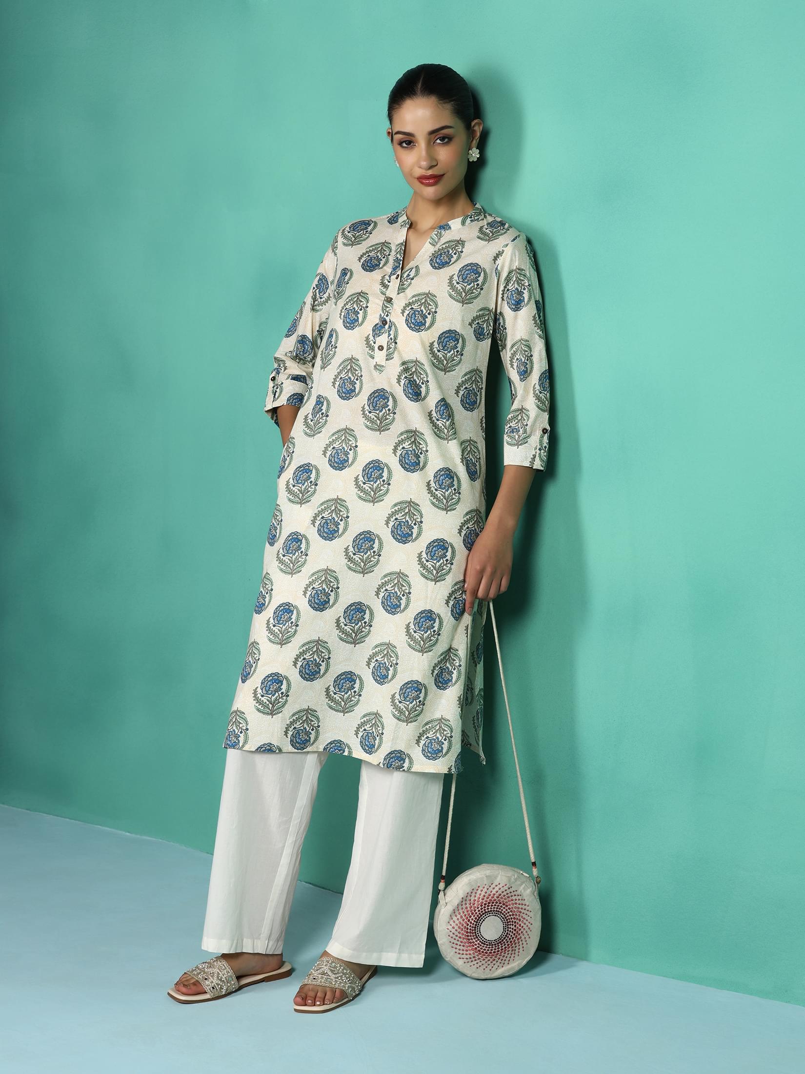 Off white and teal blue floral print pure cotton summer kurta