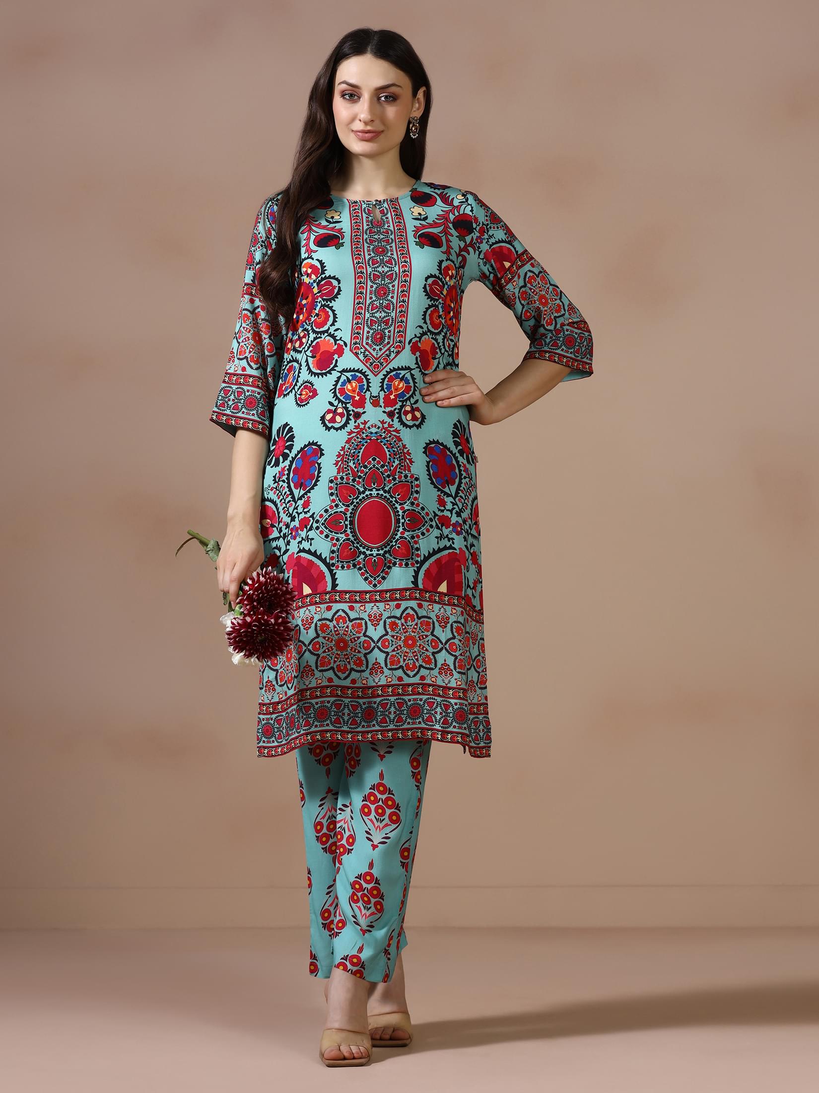 Olive green printed casual wear Liva kurta paired with comfort pants